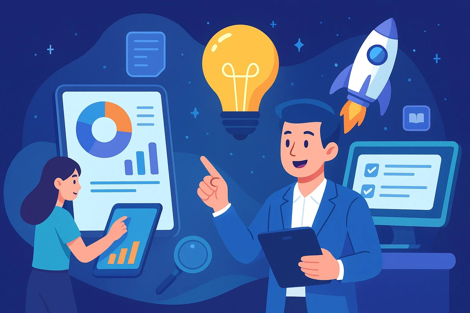 Equipo evaluando proyectos de innovación educativa con herramientas y métricas