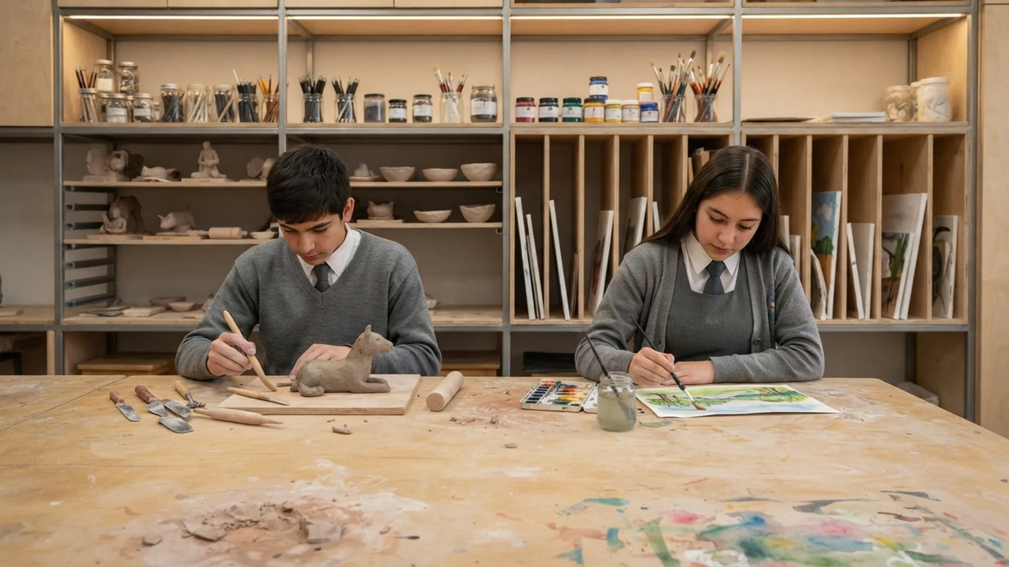 Caballete con una pintura de paisaje a medio terminar, tarro de vidrio con pinceles y paleta con témperas en una sala de artes escolar