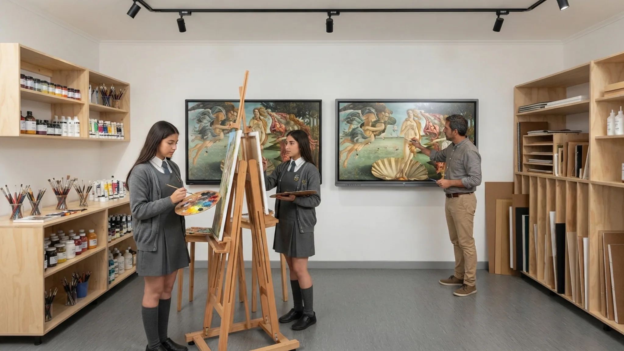 Estudiantes con cotona pintando frente a caballetes en una sala de artes visuales mientras la profesora revisa el trabajo de uno de ellos