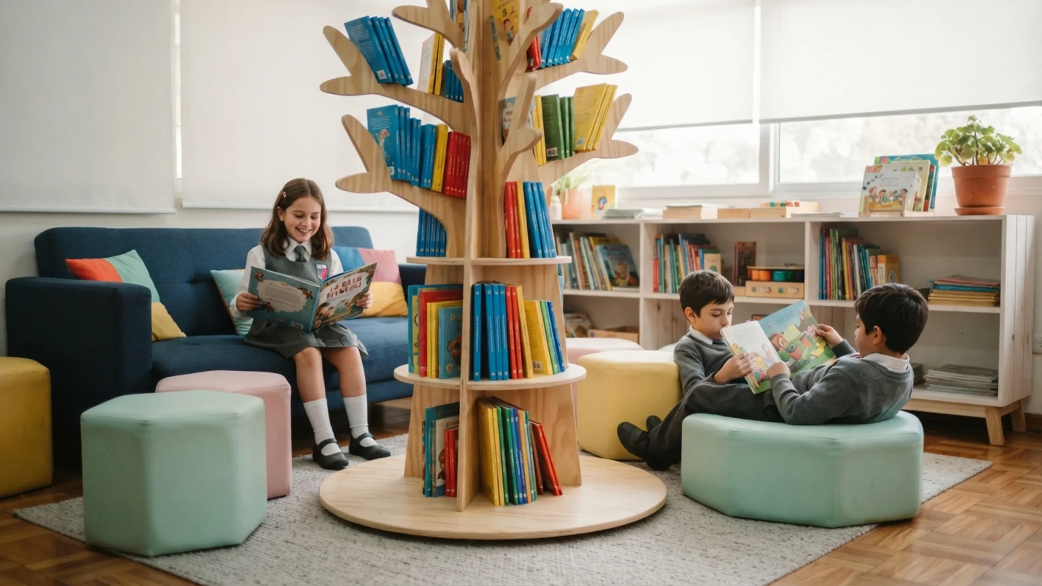 Carro de libros de madera cargado con libros infantiles de lomos de colores en una biblioteca escolar