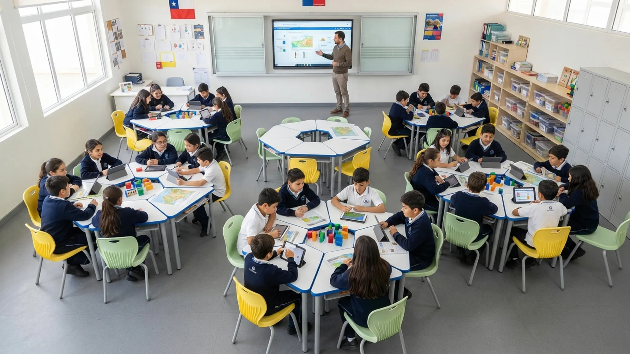 Estudiantes leyendo sobre cojines y en mesa grupal de una biblioteca escolar CRA mientras la encargada ayuda a buscar un libro en la estantería