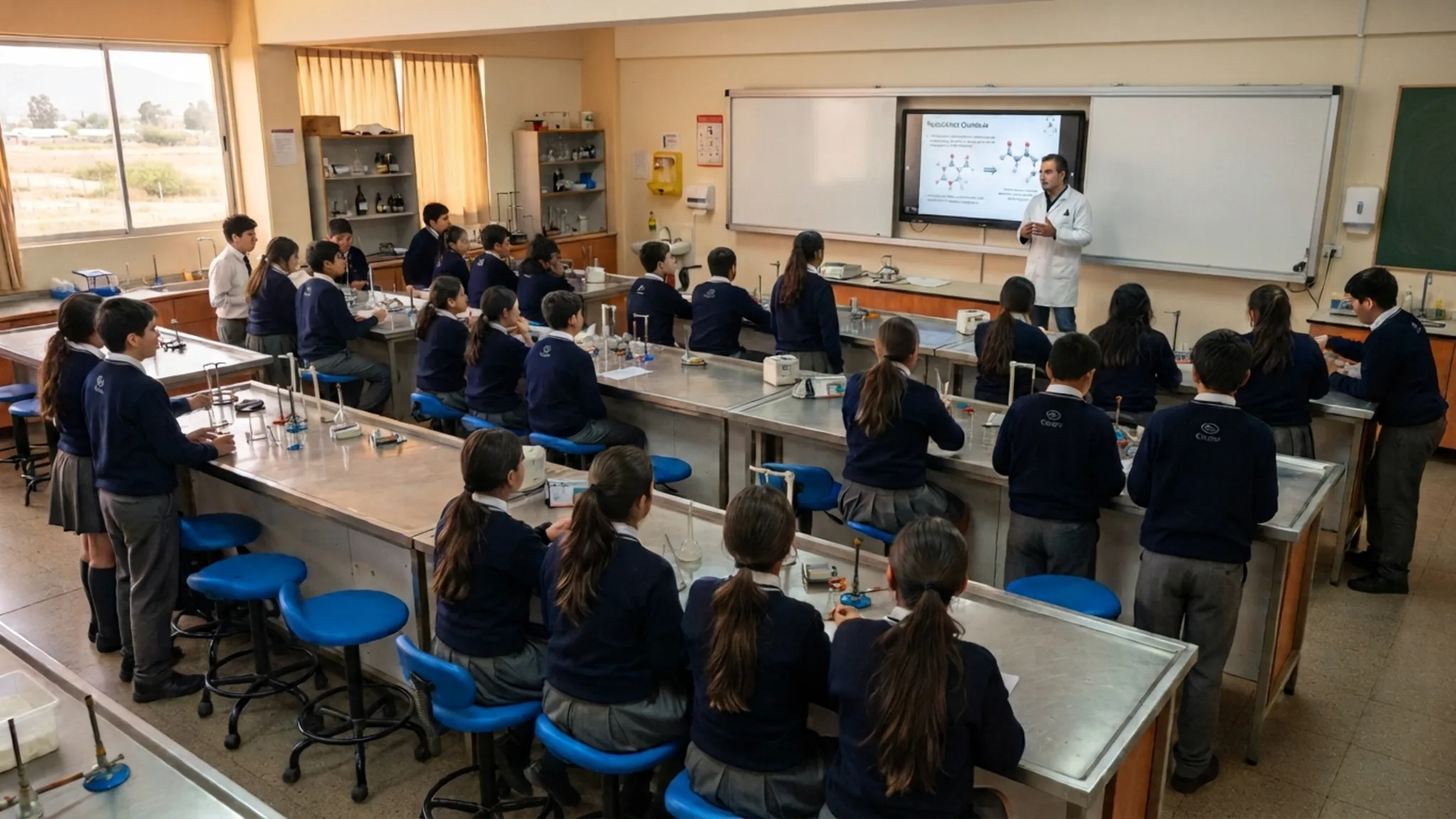 Laboratorio de ciencias escolar con mesones de trabajo oscuros, taburetes azules, lavaplatos de acero, ducha lavaojos de emergencia y vitrinas con material de vidrio