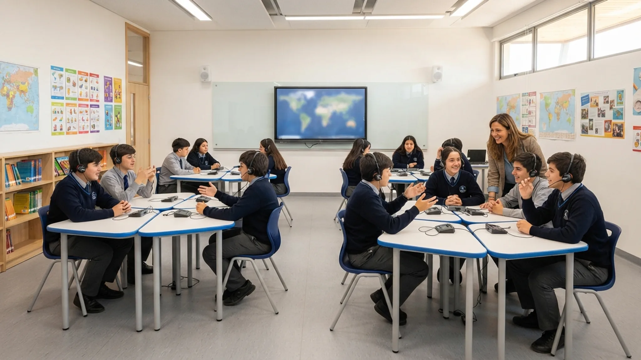 Tablet en su soporte y audífonos de diadema sobre una mesa de madera clara en un aula de idiomas