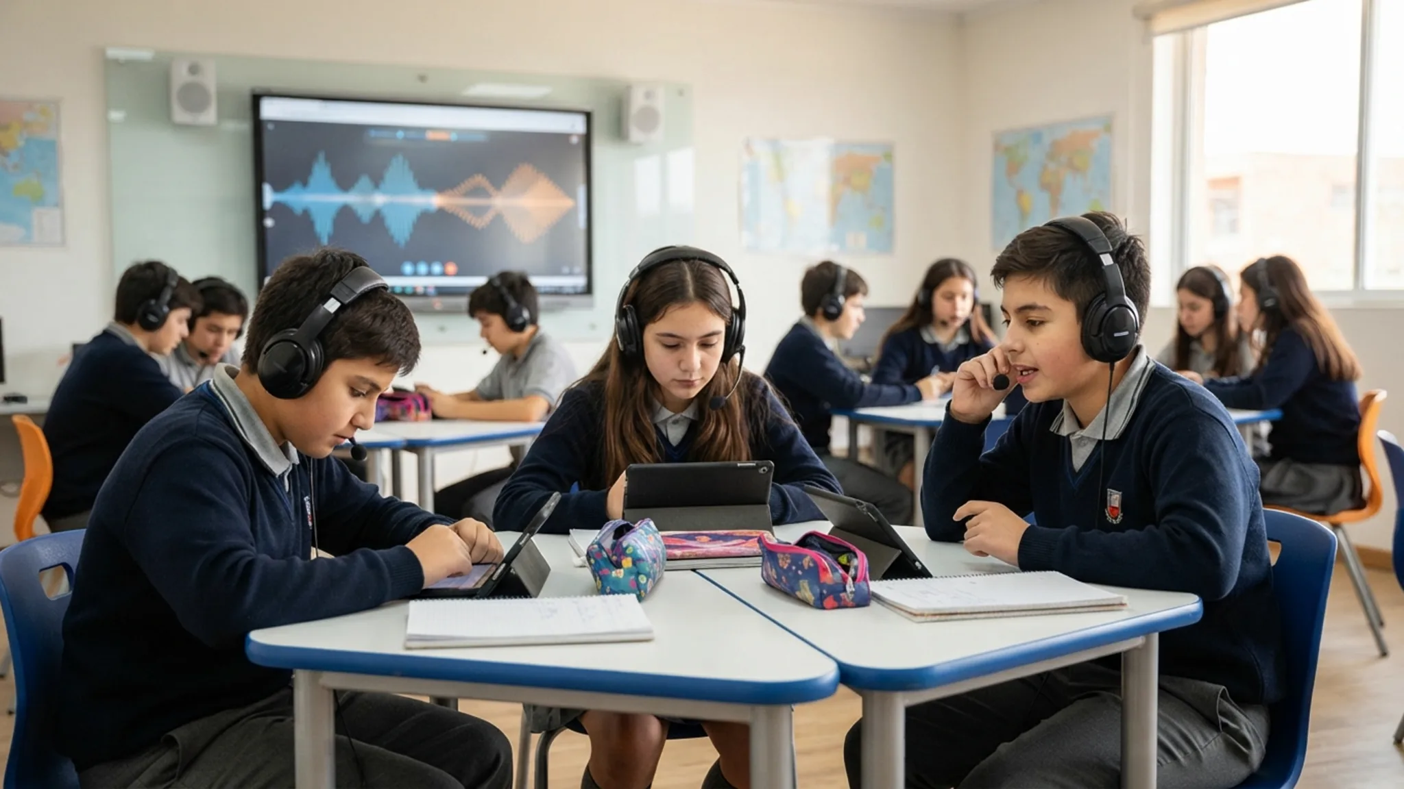 Estudiantes conversando en torno a una mesa agrupada en un aula de idiomas mientras la profesora acompaña la conversación