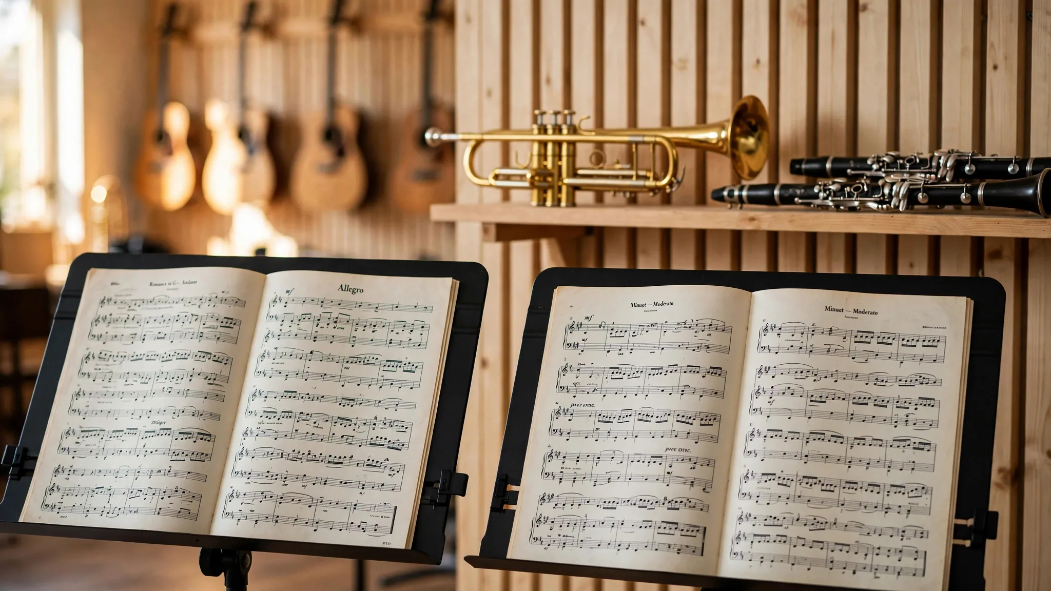 Atriles con partituras abiertas y estante con trompetas y clarinetes en una sala de música escolar con revestimiento de madera