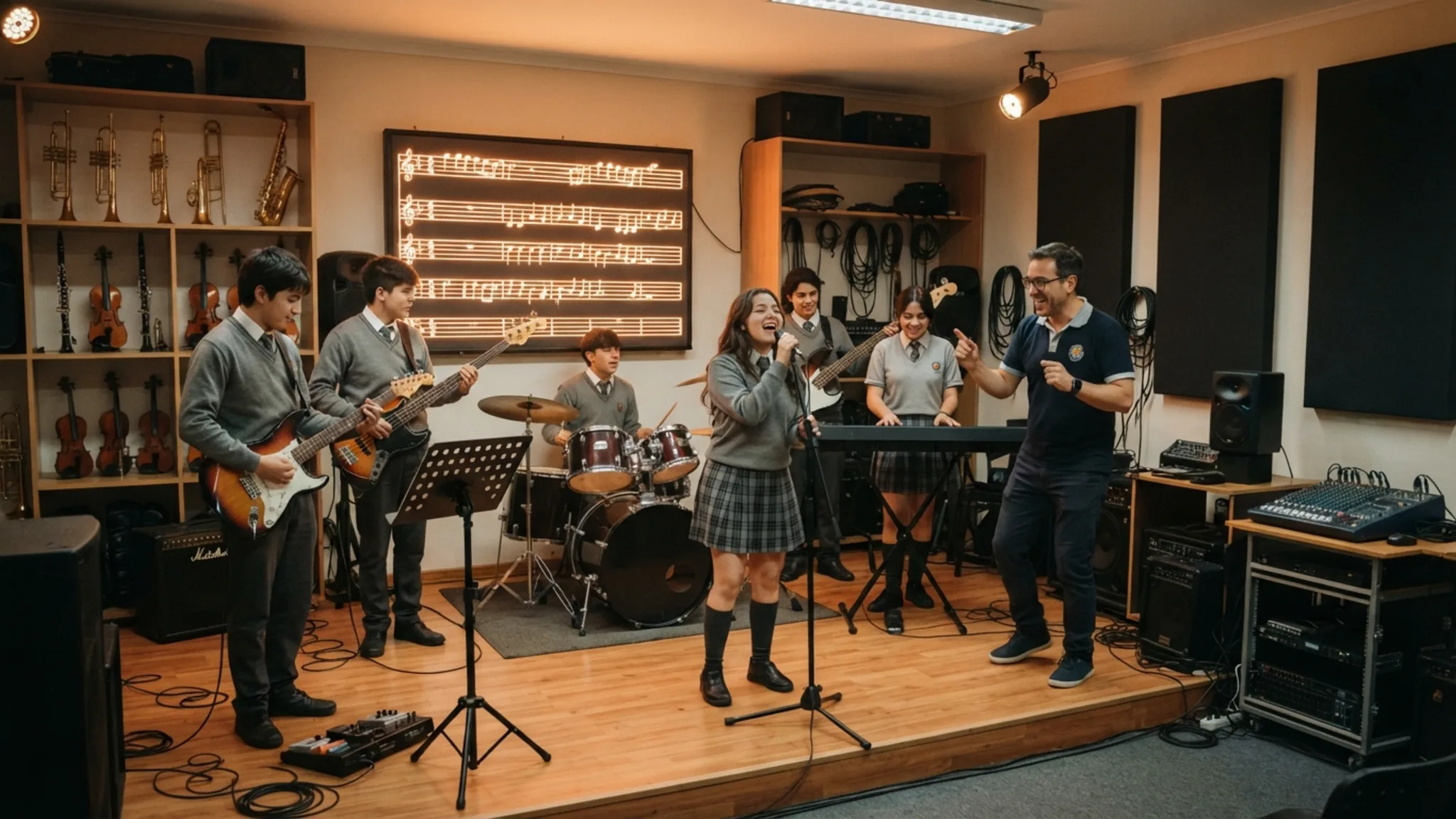 Estudiantes tocando guitarras y flautas dulces en semicírculo en una sala de música escolar mientras el profesor dirige el ensayo