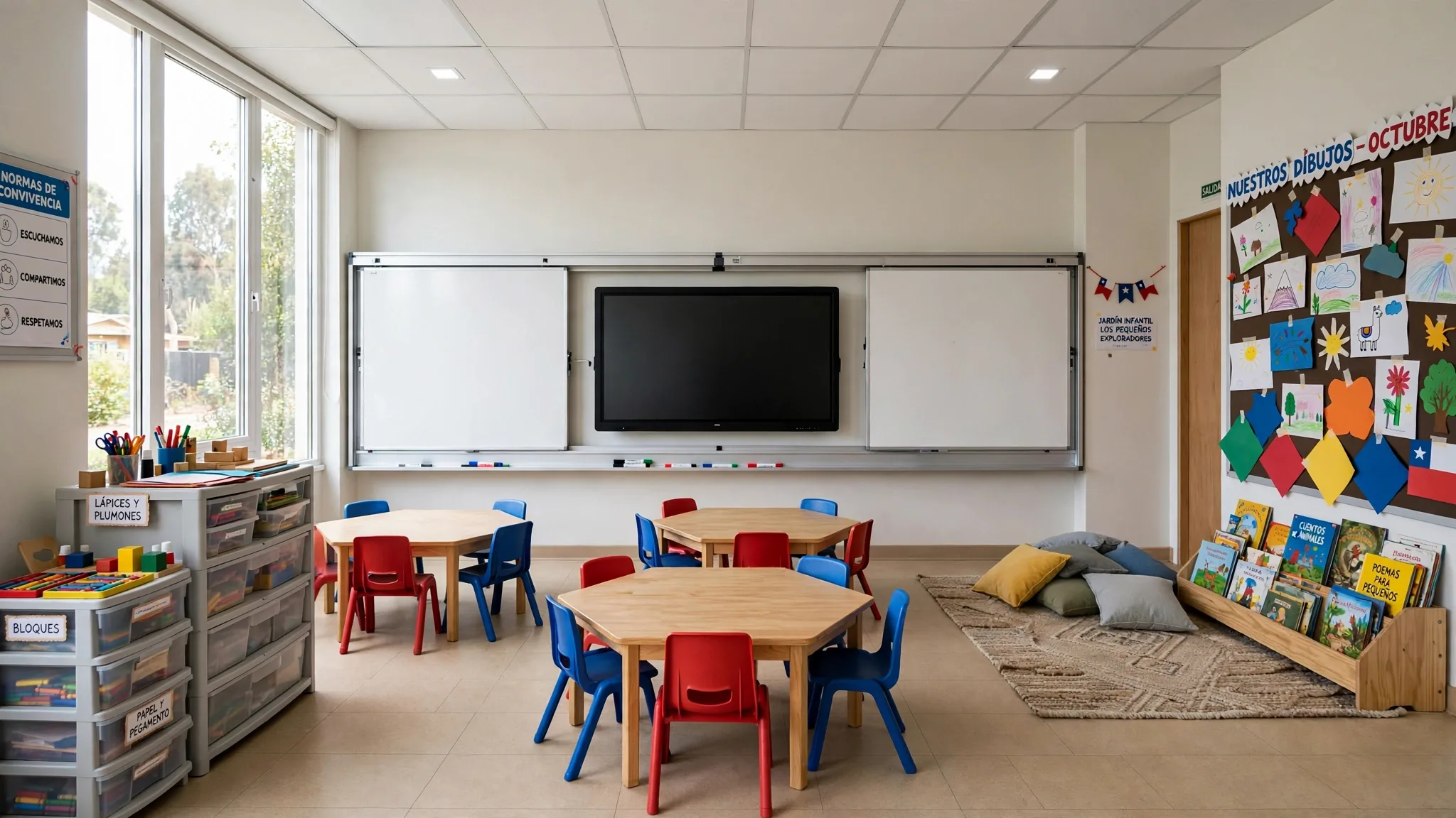 Sala de párvulos con mesas hexagonales bajas de madera, sillas de colores, cajoneras de material didáctico y rincón de lectura con cojines