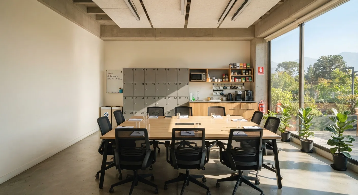 Sala de profesores con mesa de reuniones de madera clara, sillas negras, casilleros individuales y kitchenette
