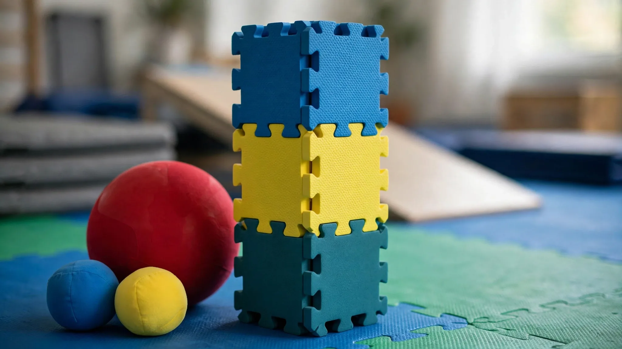 Torre de módulos de espuma encastrables de colores sobre el piso de goma EVA de una sala de psicomotricidad, junto a un balón de kinesiología y pelotas blandas