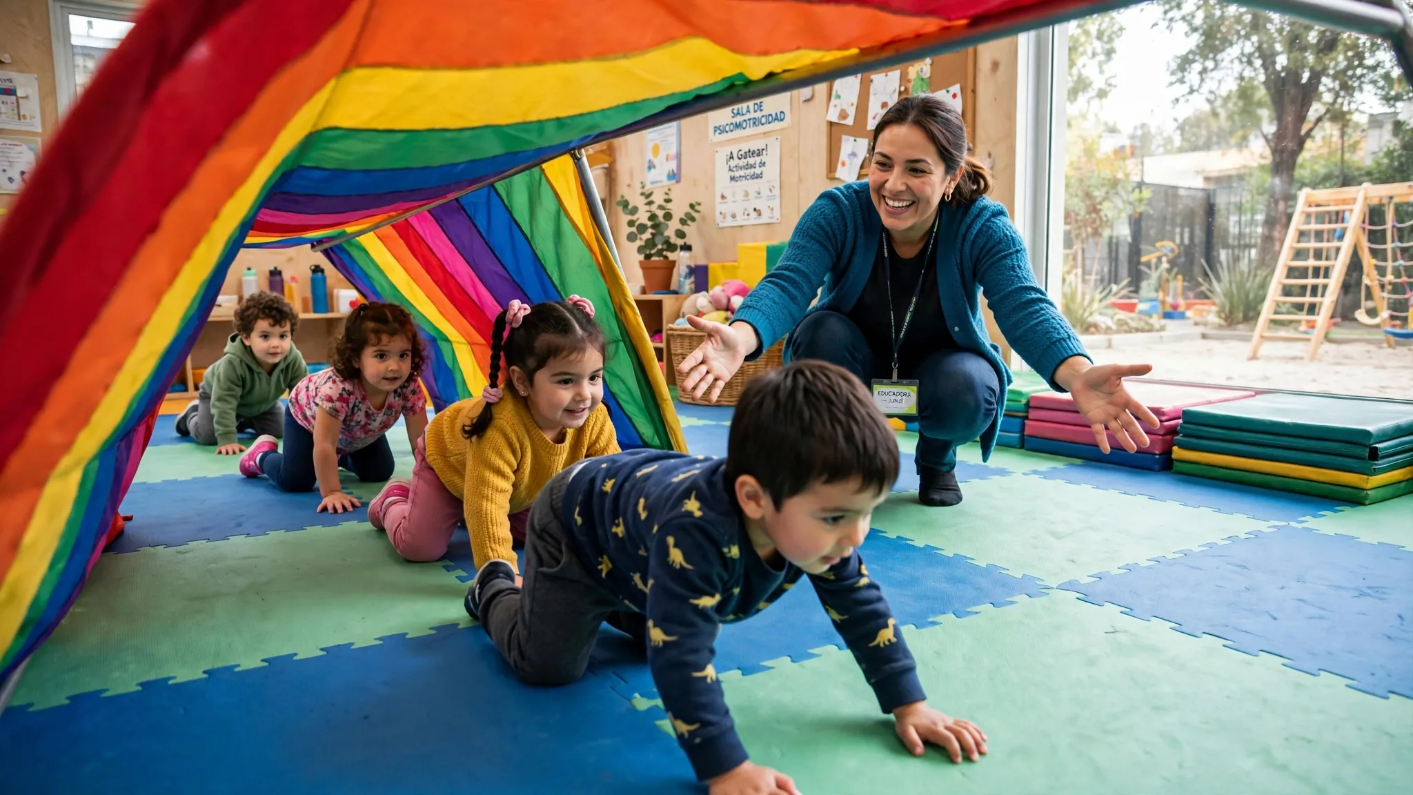 Niños de educación parvularia gateando bajo un túnel de tela de colores en una sala de psicomotricidad mientras la educadora los anima al final del recorrido