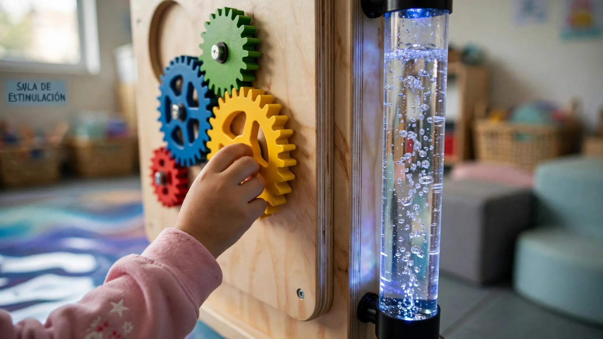 Panel sensorial de pared con engranajes de colores y tubo de burbujas iluminado en una sala de estimulación escolar