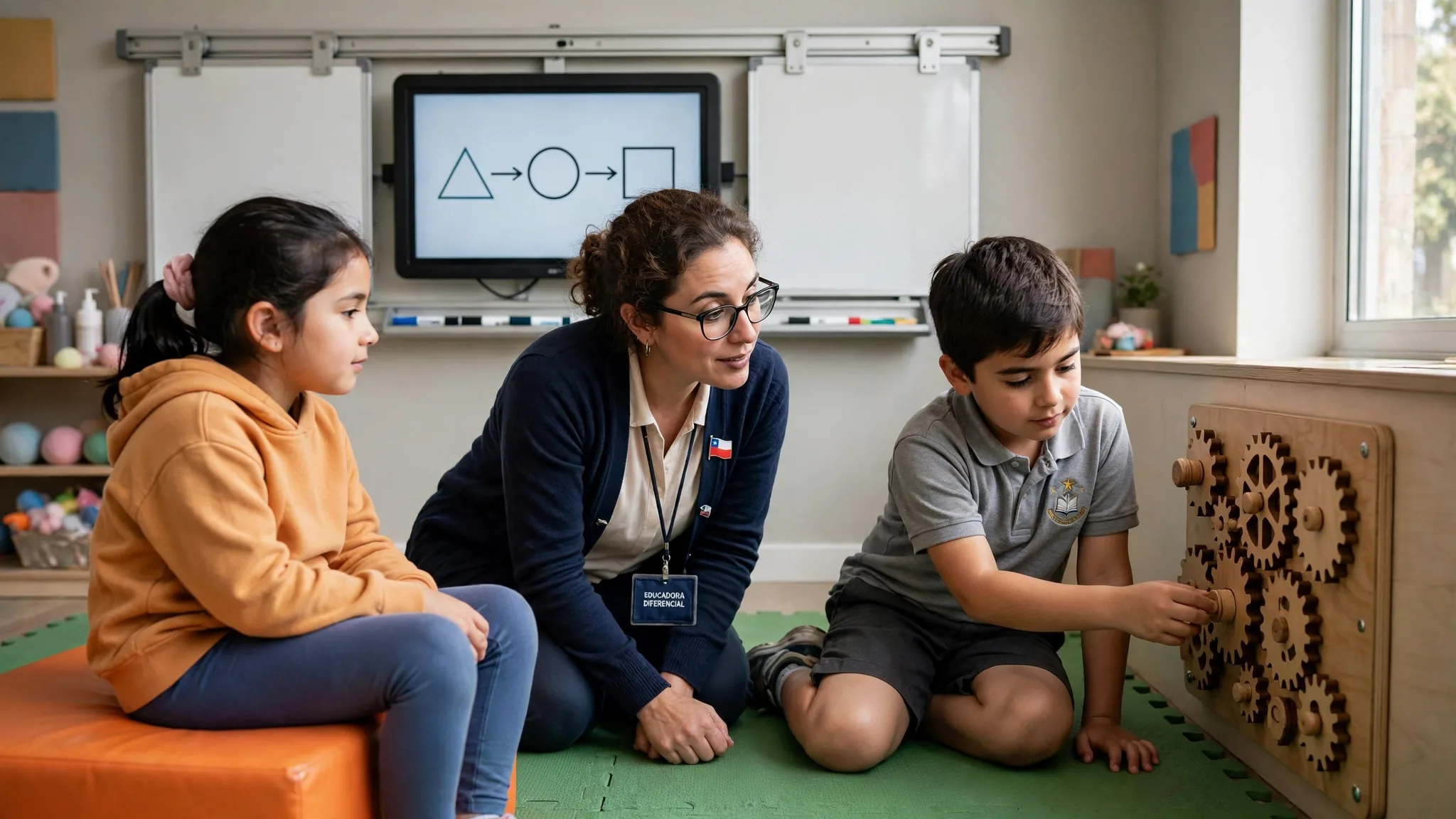 Educadora diferencial acompañando a dos estudiantes en una sala sensorial, uno explorando un panel táctil y otra sentada sobre un módulo de espuma