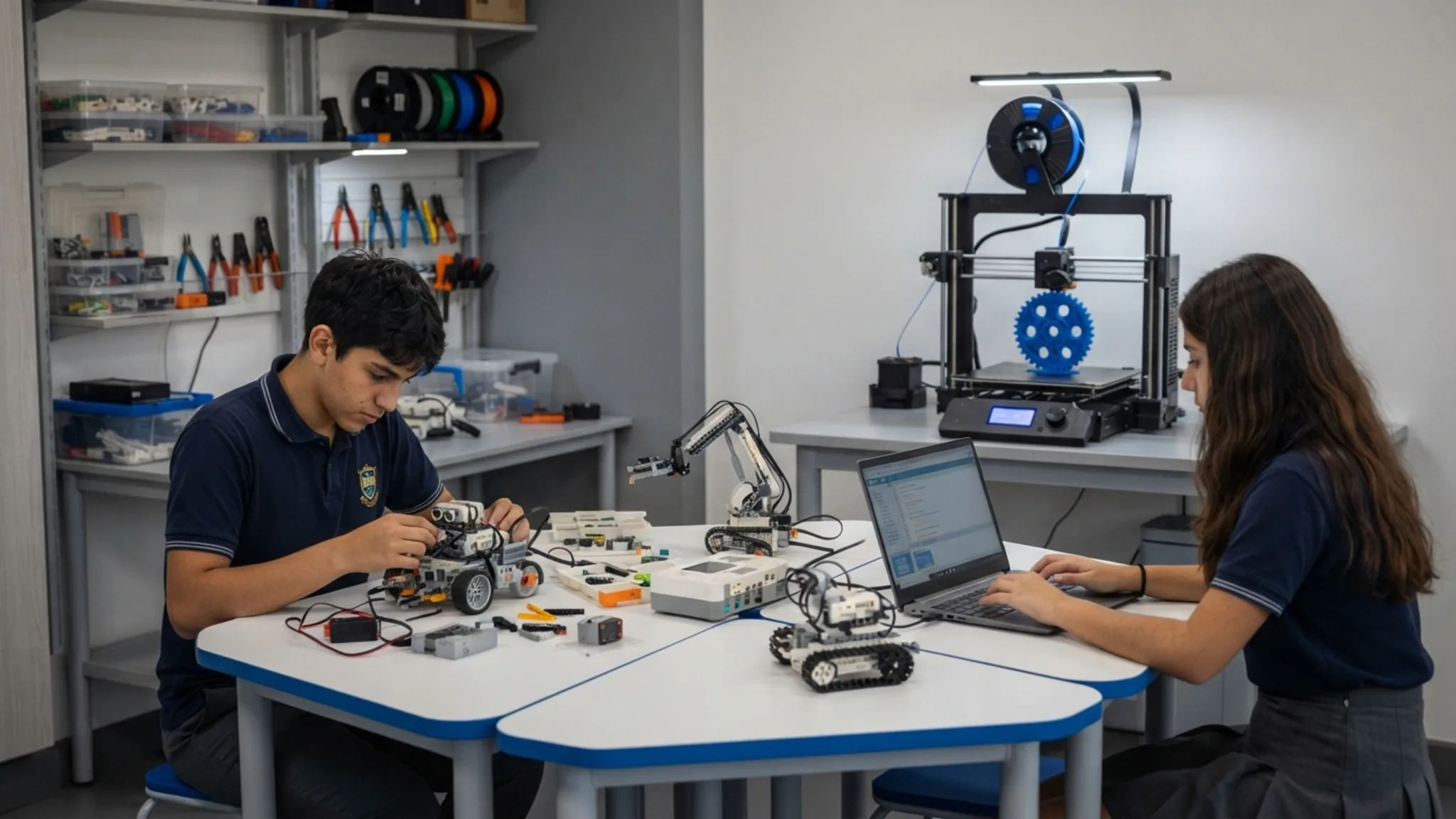 Kit de robótica escolar armado sobre la mesa de trabajo de una sala STEM, con placa controladora y cables de colores, junto a una impresora 3D en funcionamiento