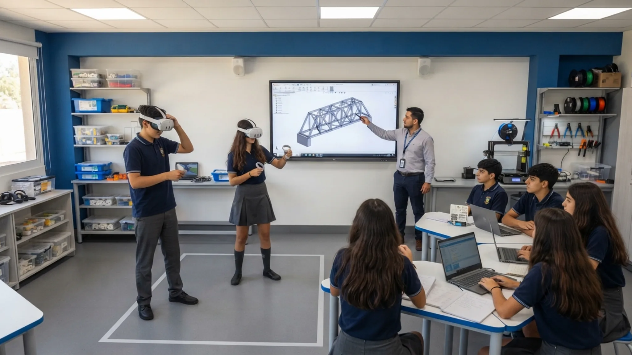 Estudiantes programando un robot educativo sobre una mesa de trabajo en una sala STEM escolar, acompañados por el profesor
